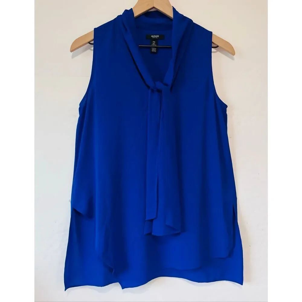 Alfani Petite Blue Tie Neck Sleeveless Blouse   Size PM